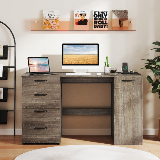 53 Inches Computer Desk with Power Outlets and 4 Storage Drawers-Gray