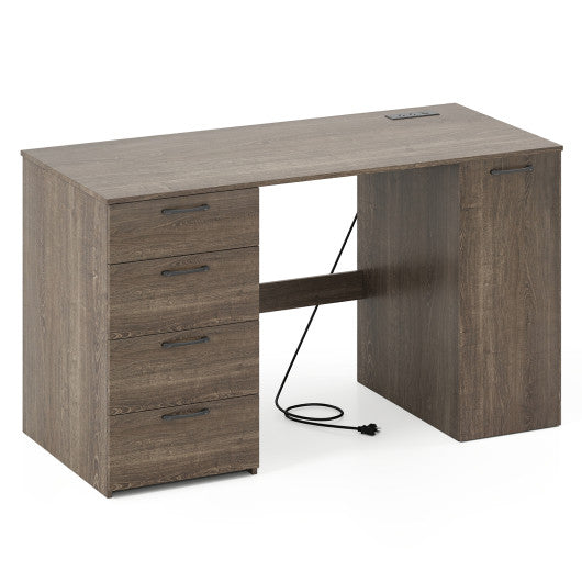 53 Inches Computer Desk with Power Outlets and 4 Storage Drawers-Gray