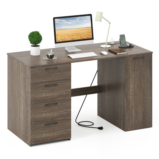 53 Inches Computer Desk with Power Outlets and 4 Storage Drawers-Gray