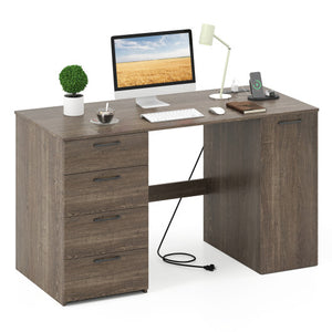 53 Inches Computer Desk with Power Outlets and 4 Storage Drawers-Gray
