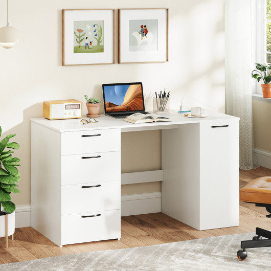 53 Inches Computer Desk with Power Outlets and 4 Storage Drawers-White