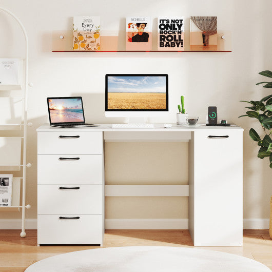53 Inches Computer Desk with Power Outlets and 4 Storage Drawers-White