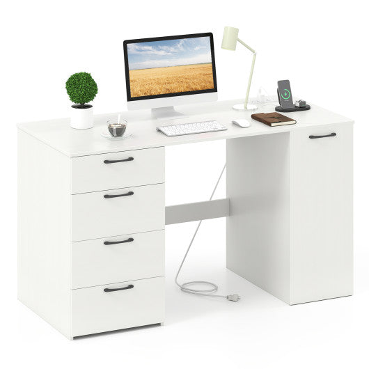 53 Inches Computer Desk with Power Outlets and 4 Storage Drawers-White