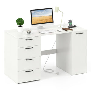 53 Inches Computer Desk with Power Outlets and 4 Storage Drawers-White
