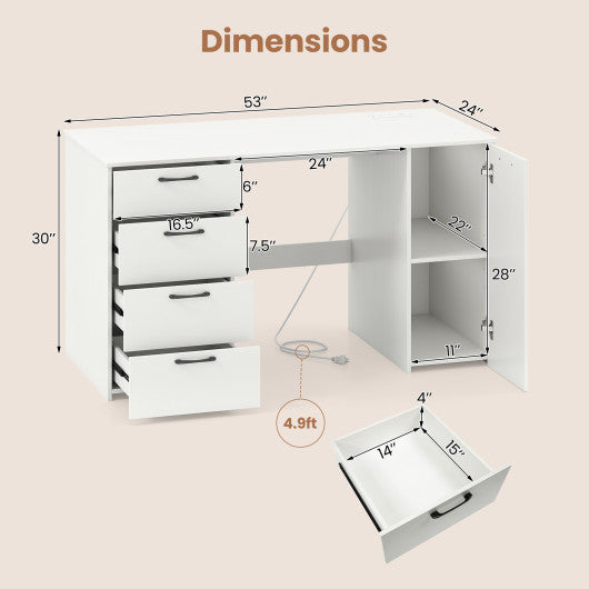 53 Inches Computer Desk with Power Outlets and 4 Storage Drawers-White