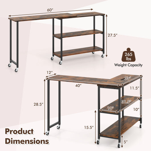 Large 360-Degree Free Rotating Sofa Side Table with Wheels and Storage Shelf-Rustic Brown