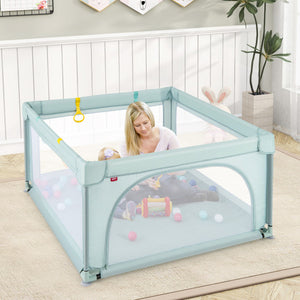 Large Kids Activity Center Baby Playpen for Toddlers with 4 Pull Rings-Blue