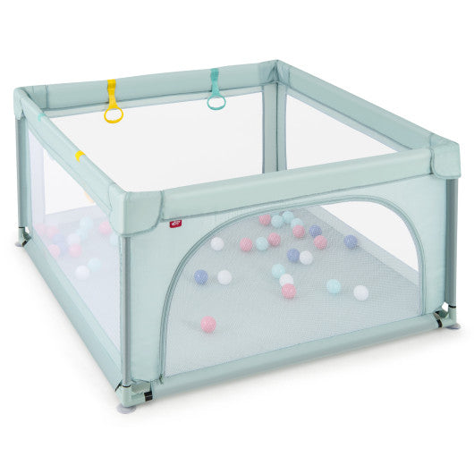 Large Kids Activity Center Baby Playpen for Toddlers with 4 Pull Rings-Blue