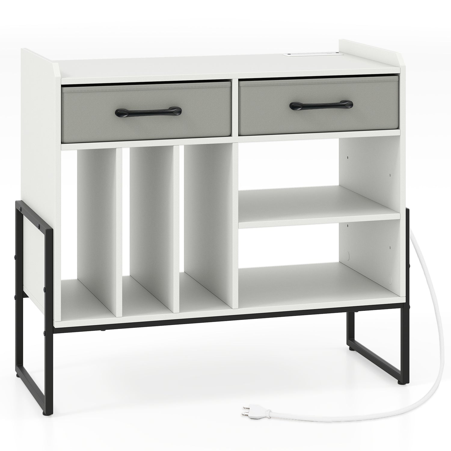 Large Record Player Stand with Charging Station Mid Century Modern Vinyl Storage Cabinet-White