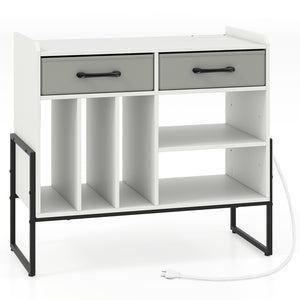 Large Record Player Stand with Charging Station Mid Century Modern Vinyl Storage Cabinet-White