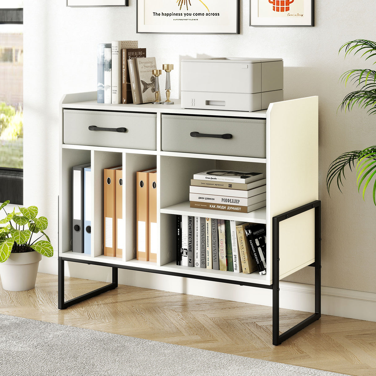 Large Record Player Stand with Charging Station Mid Century Modern Vinyl Storage Cabinet-White