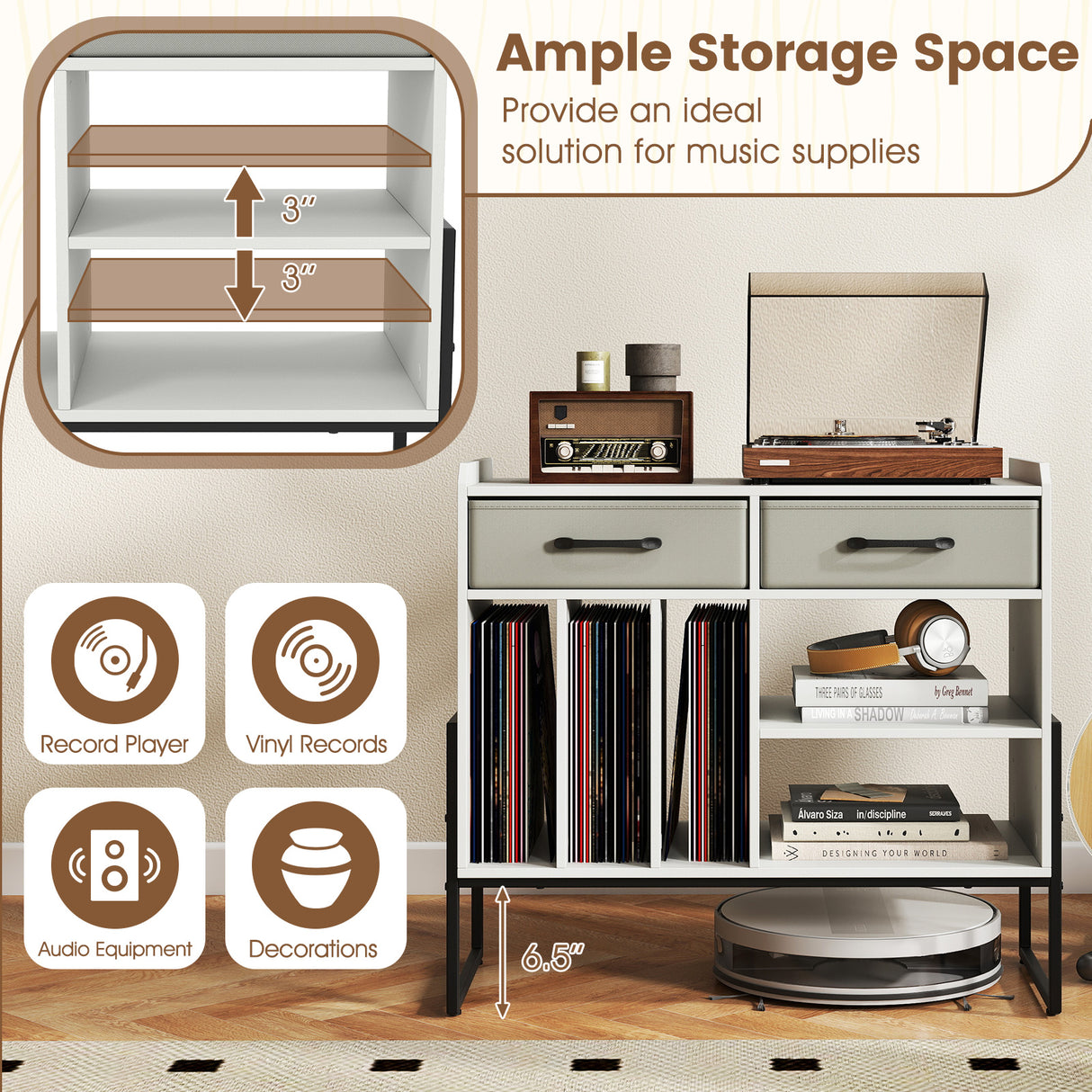 Large Record Player Stand with Charging Station Mid Century Modern Vinyl Storage Cabinet-White