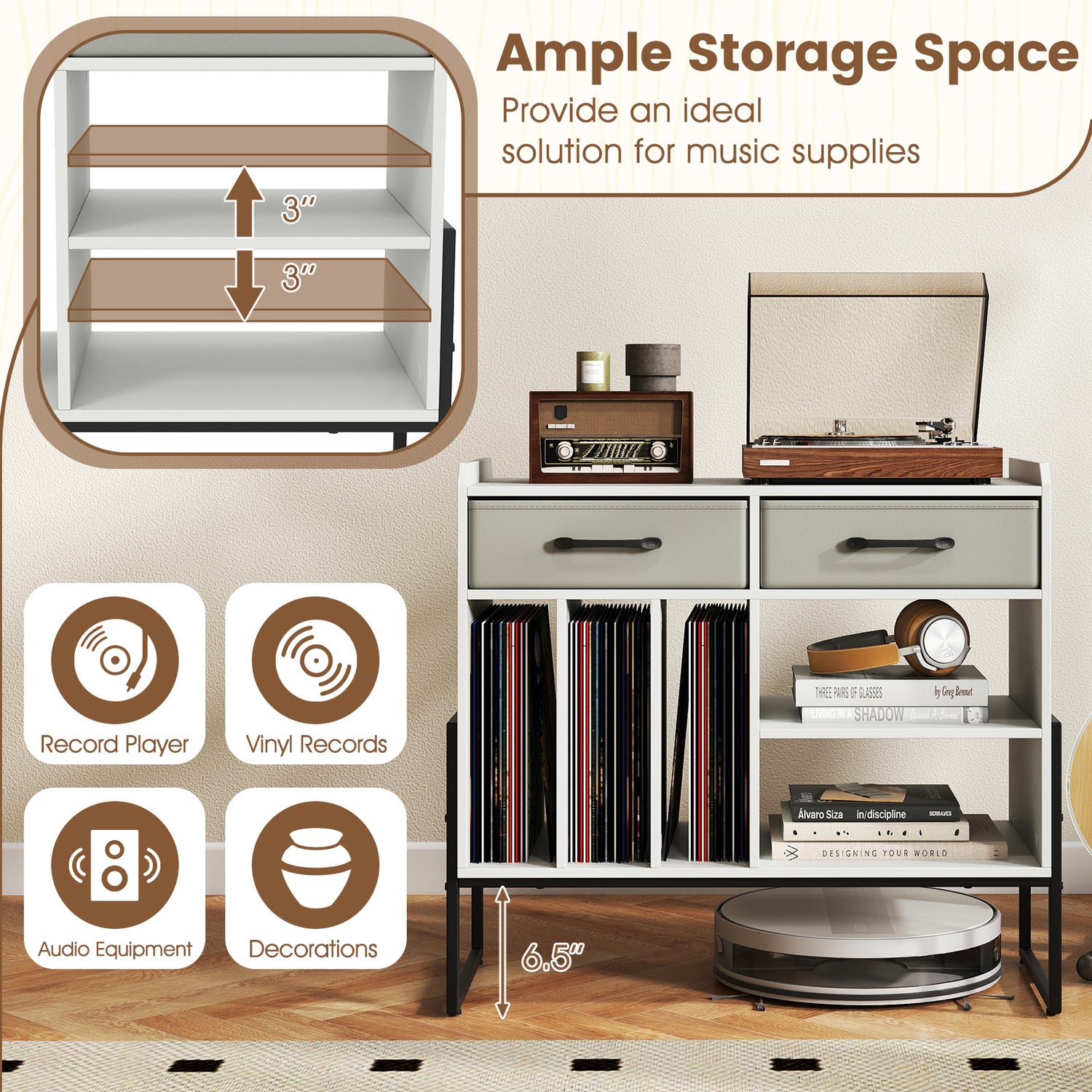 Large Record Player Stand with Charging Station Mid Century Modern Vinyl Storage Cabinet-White
