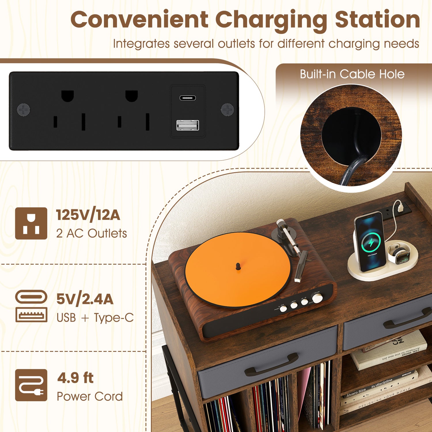 Large Record Player Stand with Charging Station Mid Century Modern Vinyl Storage Cabinet-Rustic Brown