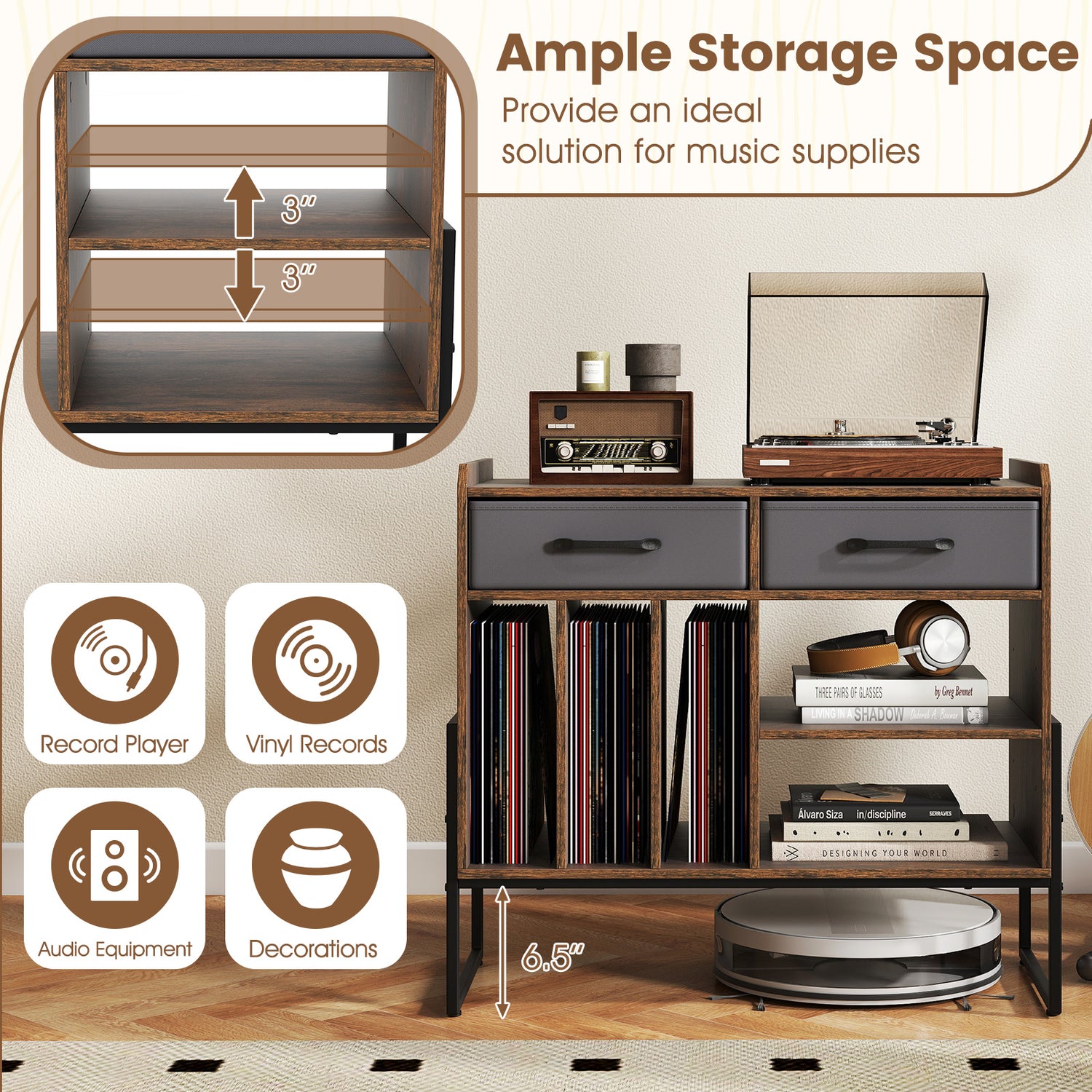 Large Record Player Stand with Charging Station Mid Century Modern Vinyl Storage Cabinet-Rustic Brown