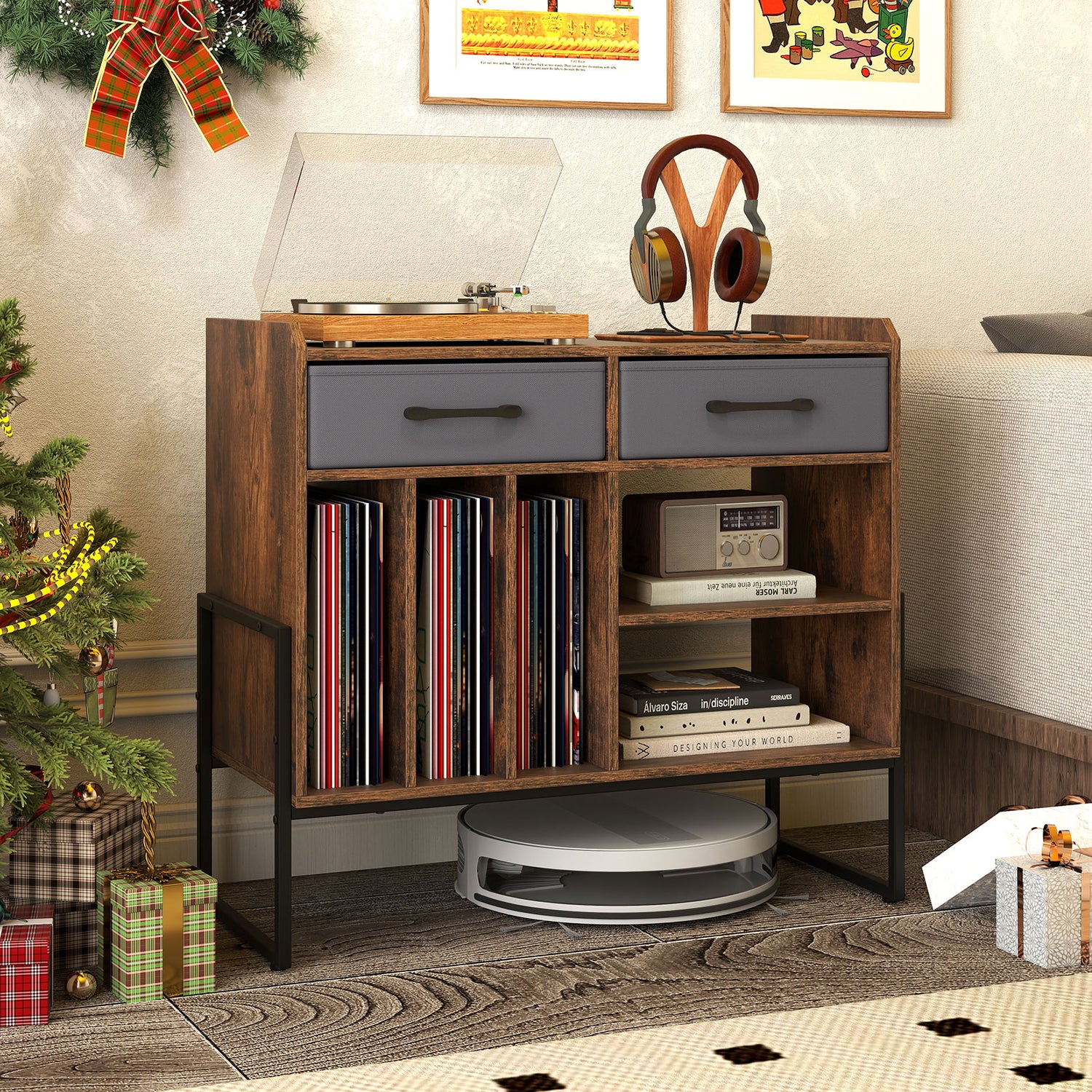 Large Record Player Stand with Charging Station Mid Century Modern Vinyl Storage Cabinet-Rustic Brown