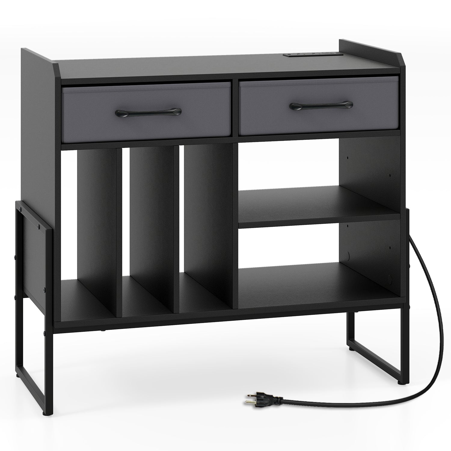 Large Record Player Stand with Charging Station Mid Century Modern Vinyl Storage Cabinet-Black