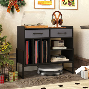 Large Record Player Stand with Charging Station Mid Century Modern Vinyl Storage Cabinet-Black