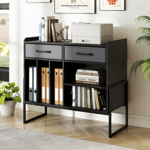 Large Record Player Stand with Charging Station Mid Century Modern Vinyl Storage Cabinet-Black