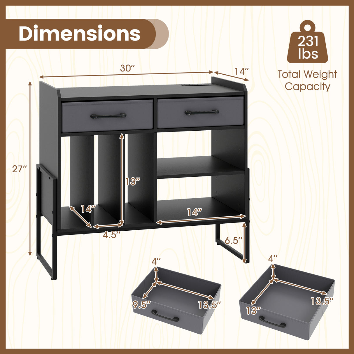 Large Record Player Stand with Charging Station Mid Century Modern Vinyl Storage Cabinet-Black