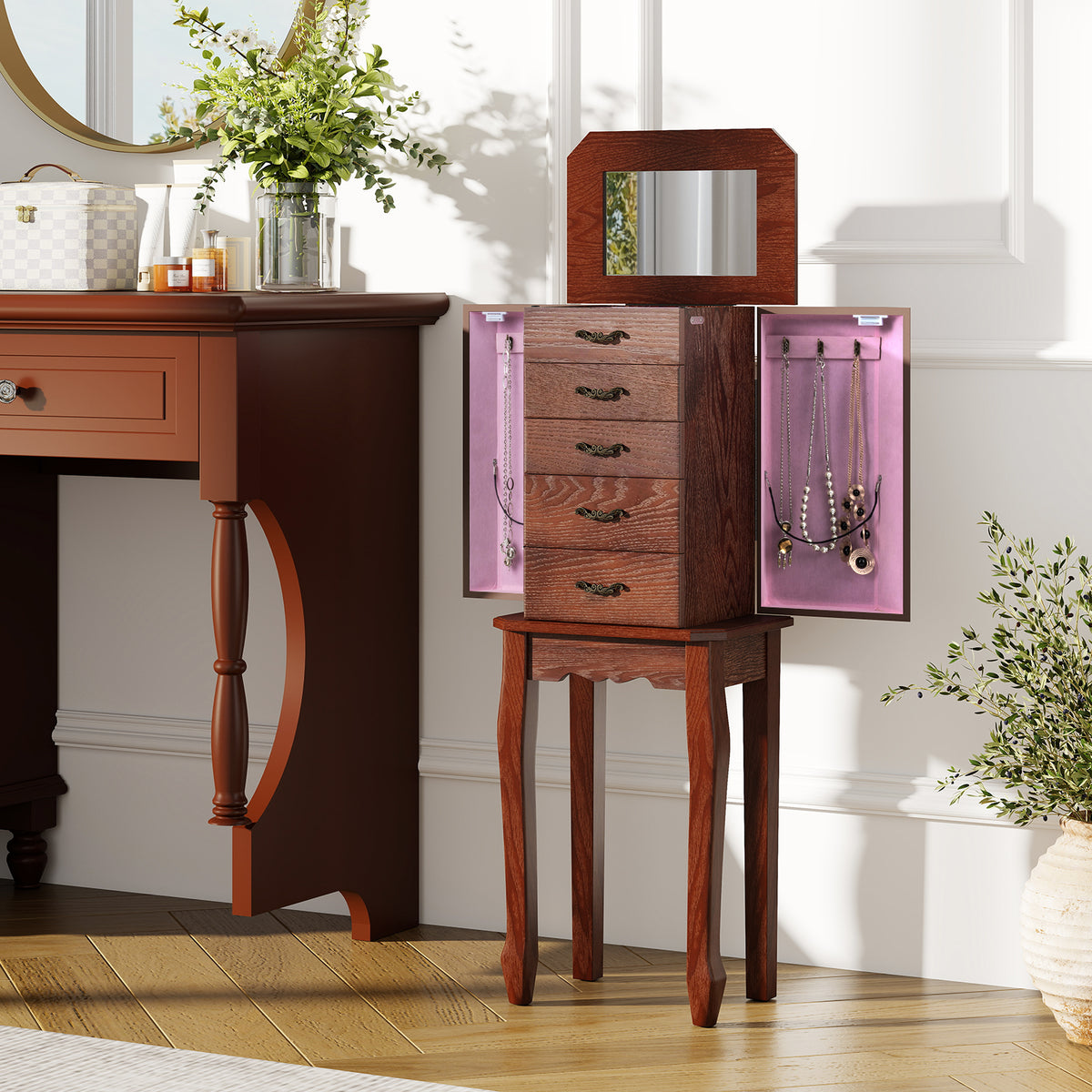 Large Storage Capacity Jewelry Cabinet with 5 Drawers-Walnut