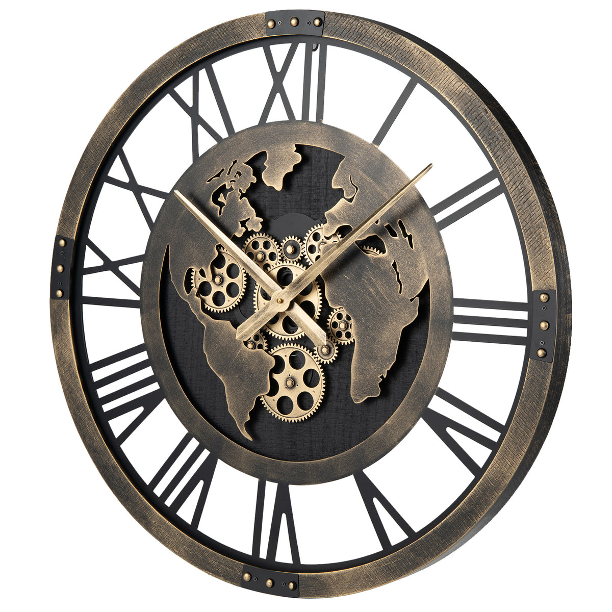 Large Wall Clock 27" Gear Clock with World Map-Brown