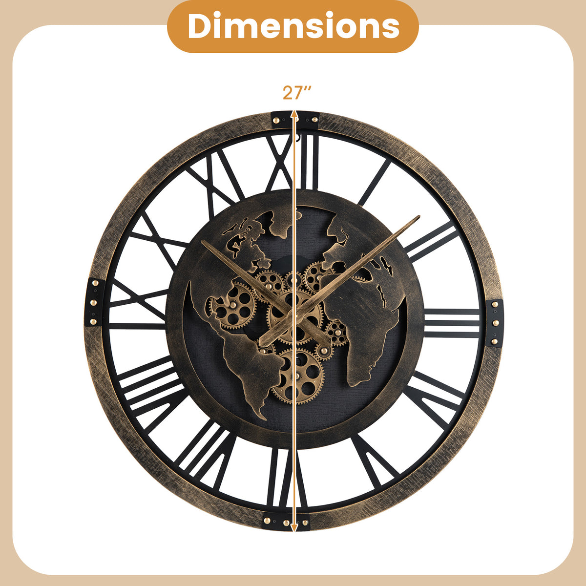 Large Wall Clock 27" Gear Clock with World Map-Brown
