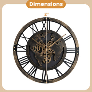 Large Wall Clock 27" Gear Clock with World Map-Brown