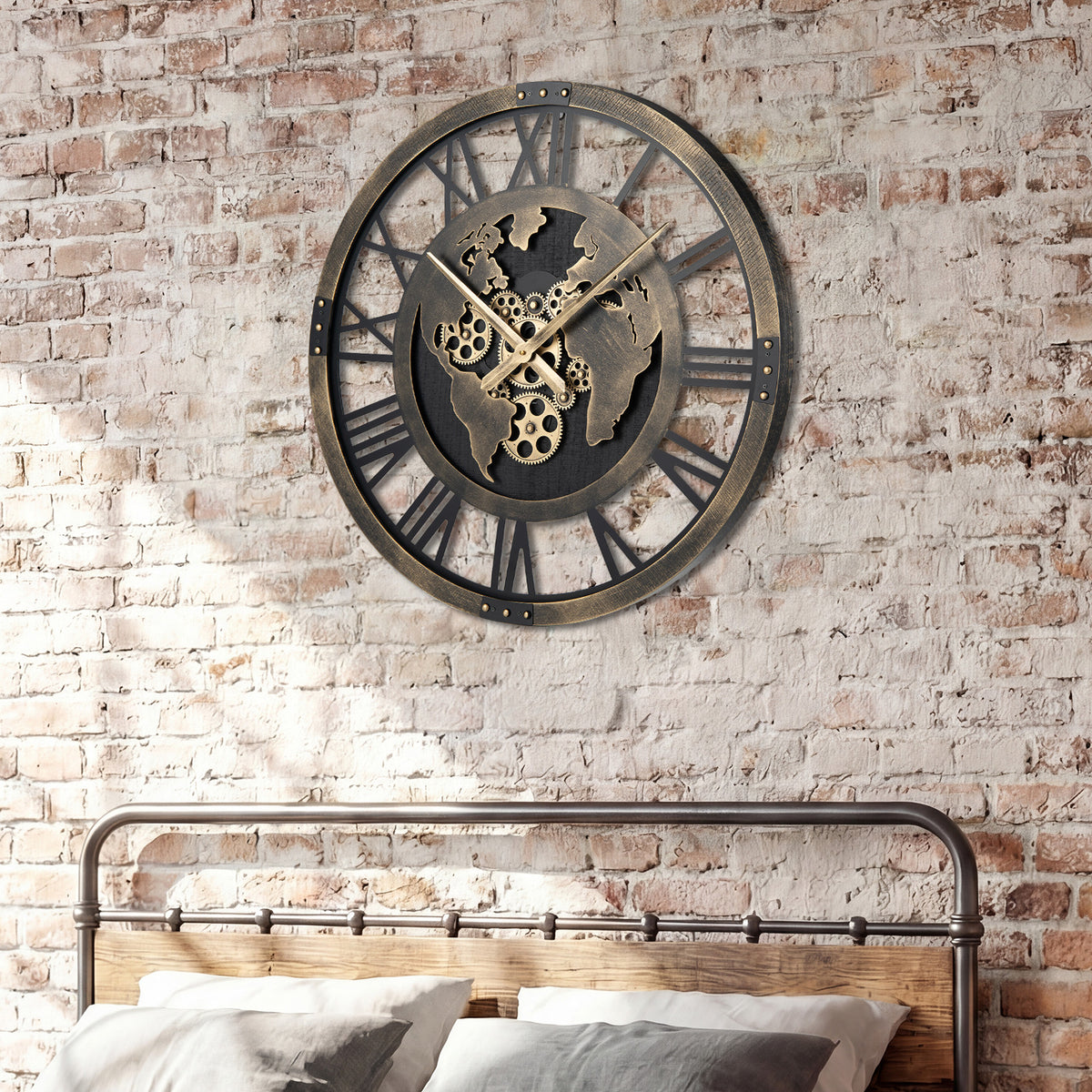 Large Wall Clock 27" Gear Clock with World Map-Brown