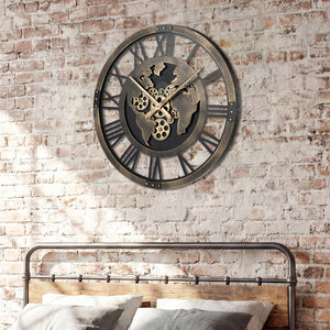 Large Wall Clock 27" Gear Clock with World Map-Brown