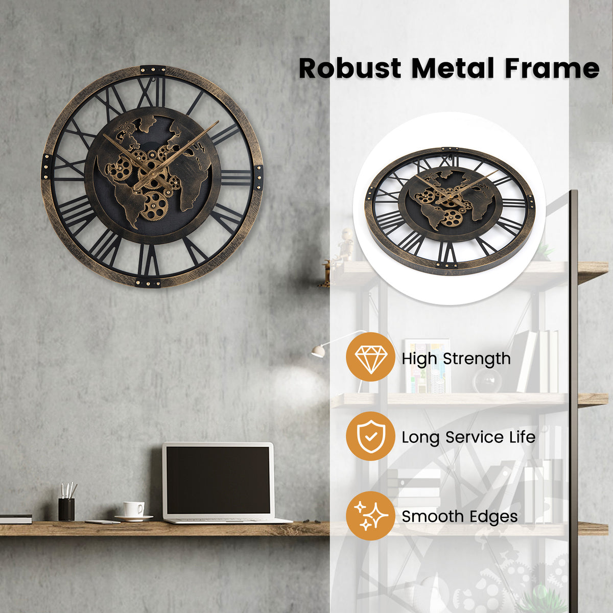 Large Wall Clock 27" Gear Clock with World Map-Brown
