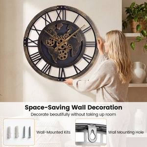 Large Wall Clock 27" Gear Clock with World Map-Brown