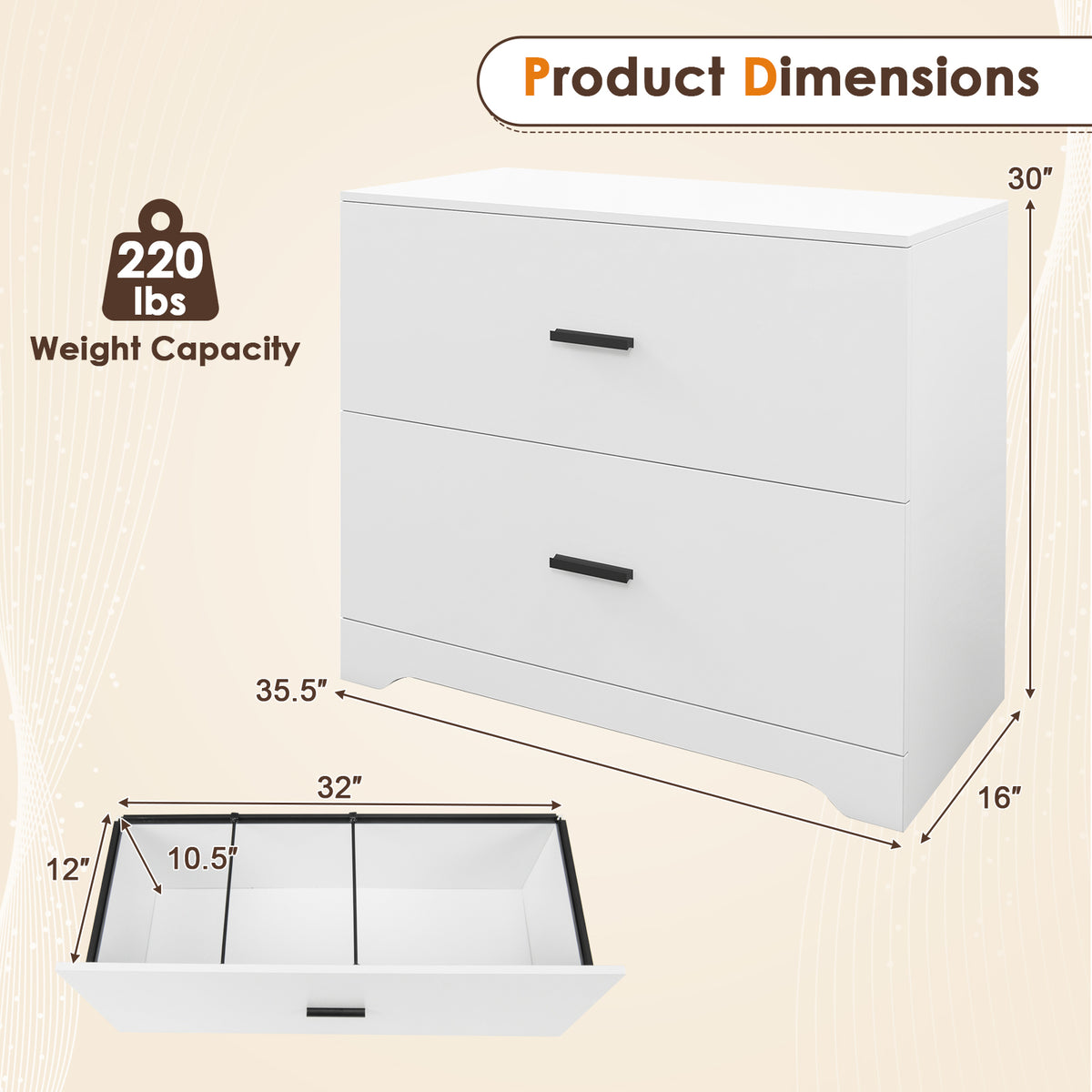2-Drawer Lateral File Cabinet with Adjustable Bars for Home and Office-White