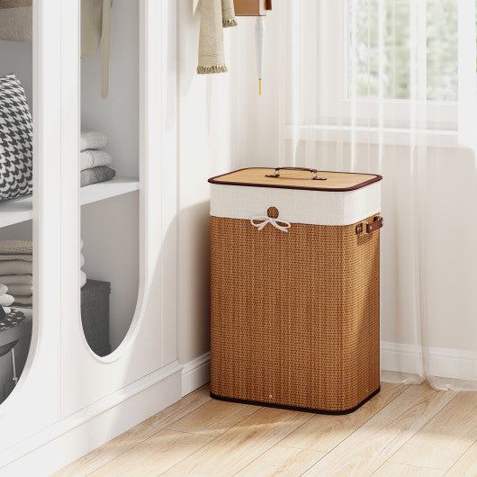 19 Gal Rectangle Laundry Basket Bamboo Clothes Hamper with Handles and Lid-Yellow