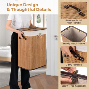 19 Gal Rectangle Laundry Basket Bamboo Clothes Hamper with Handles and Lid-Yellow