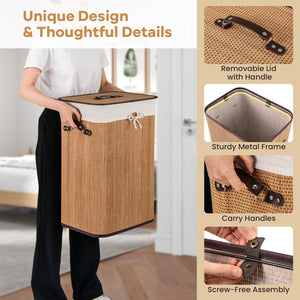 19 Gal Rectangle Laundry Basket Bamboo Clothes Hamper with Handles and Lid-Yellow by DirectDeals