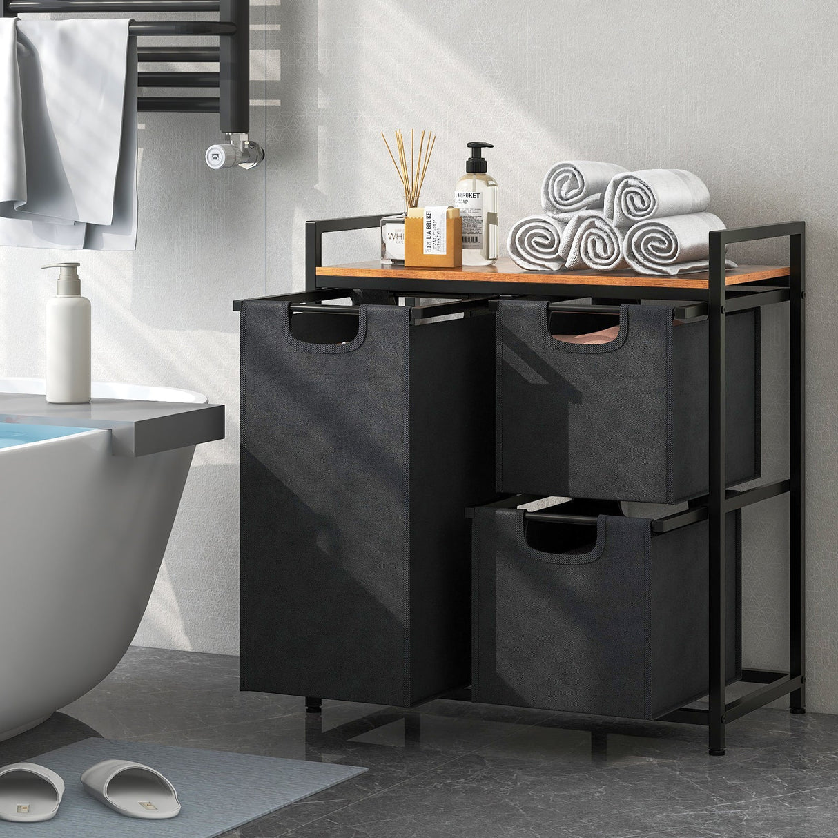 Laundry Basket Organizer Dirty Clothes Hamper with Shelf and 3 Removable Bags-Rustic Brown by DirectDeals