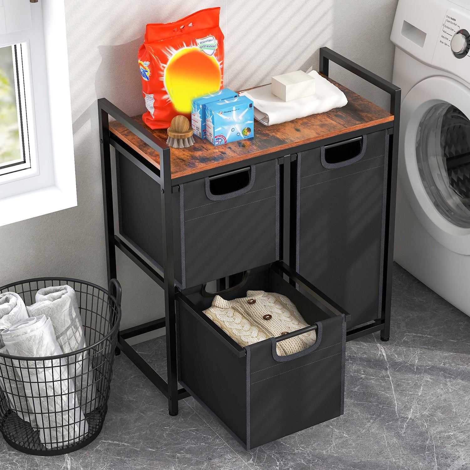 Laundry Basket Organizer Dirty Clothes Hamper with Shelf and 3 Removable Bags-Rustic Brown by DirectDeals