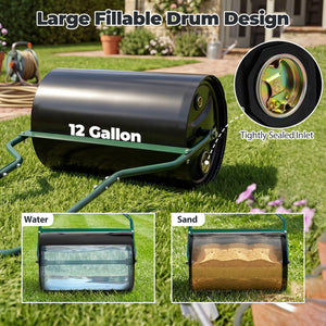 Lawn Roller 12 Gallon Water/Sand Filled Garden Drum Roller with U-shape Handle