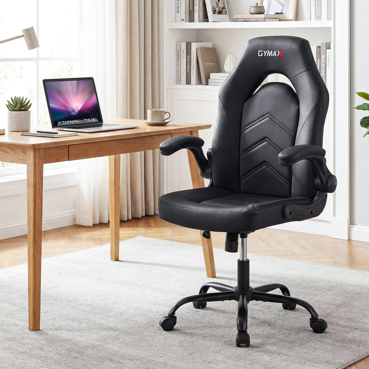 Leather Office Chair Ergonomic Computer Desk Chair with Flip-up Armrests-Black