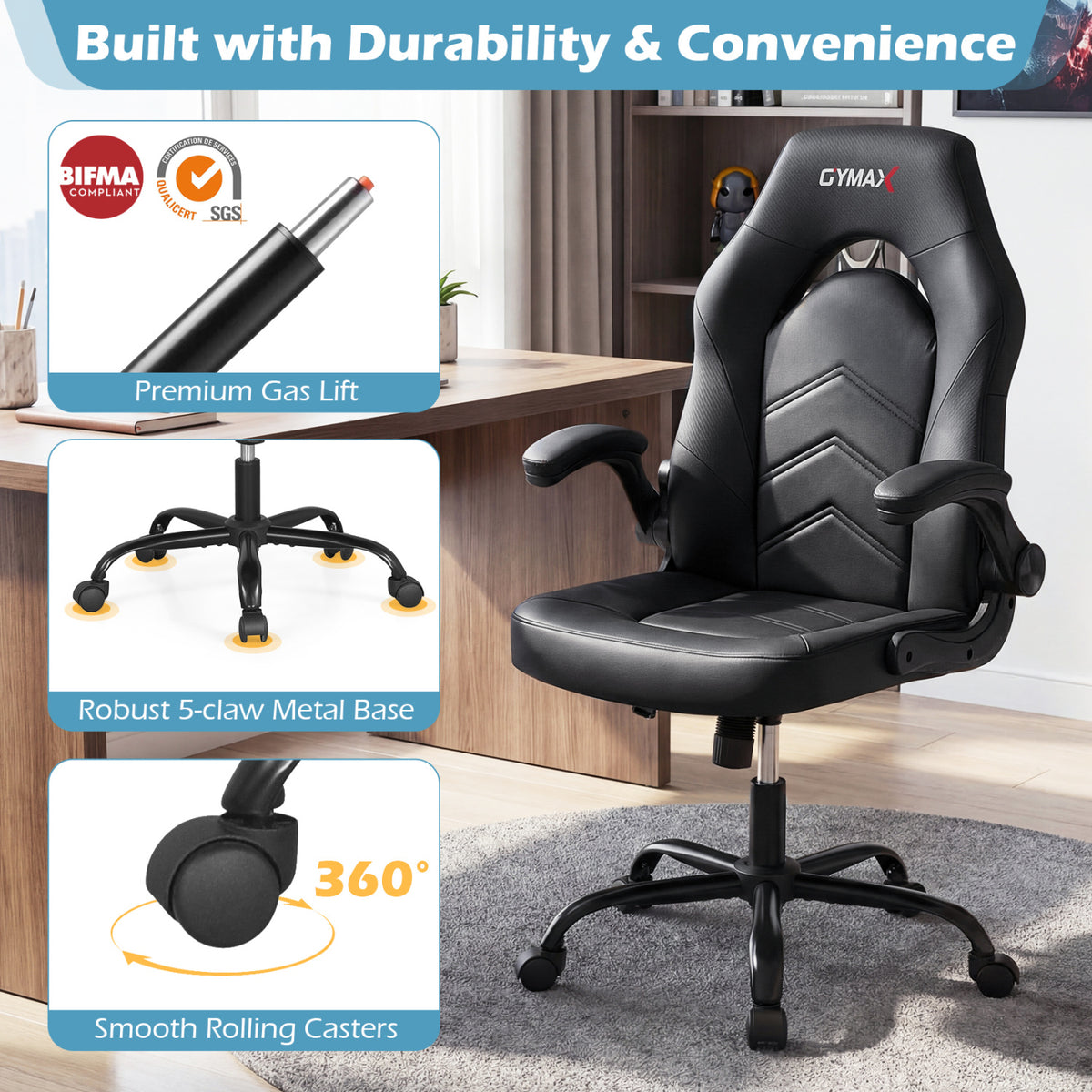 Leather Office Chair Ergonomic Computer Desk Chair with Flip-up Armrests-Black