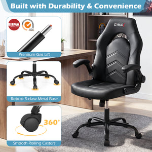 Leather Office Chair Ergonomic Computer Desk Chair with Flip-up Armrests-Black
