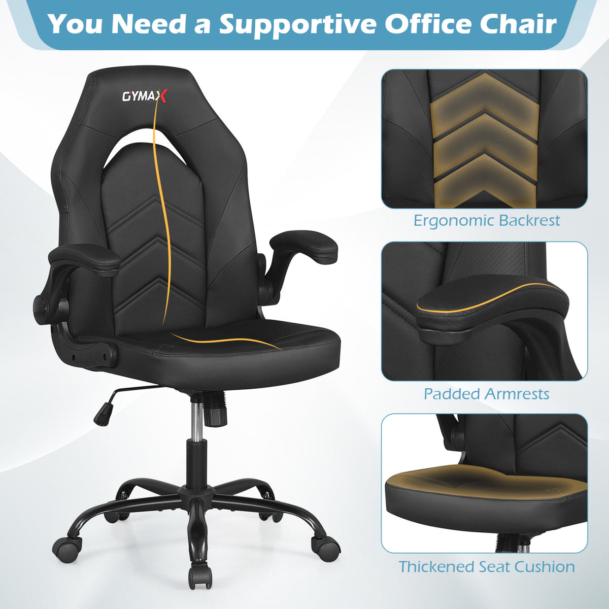 Leather Office Chair Ergonomic Computer Desk Chair with Flip-up Armrests-Black