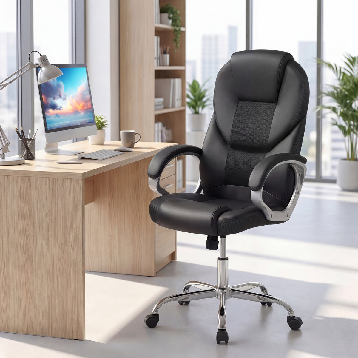 Leather Office Chair Ergonomic Mesh Executive Chair with Padded Armrests and Rocking Backrest-Black
