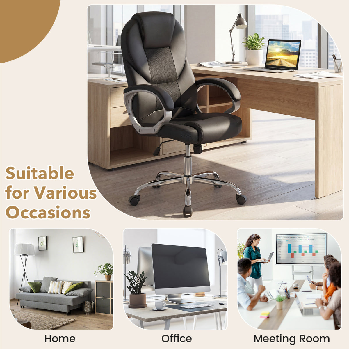 Leather Office Chair Ergonomic Mesh Executive Chair with Padded Armrests and Rocking Backrest-Black