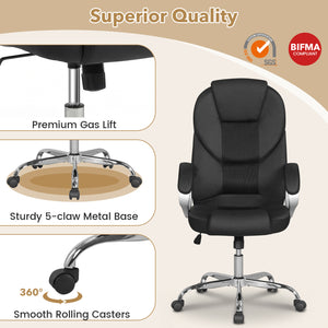 Leather Office Chair Ergonomic Mesh Executive Chair with Padded Armrests and Rocking Backrest-Black