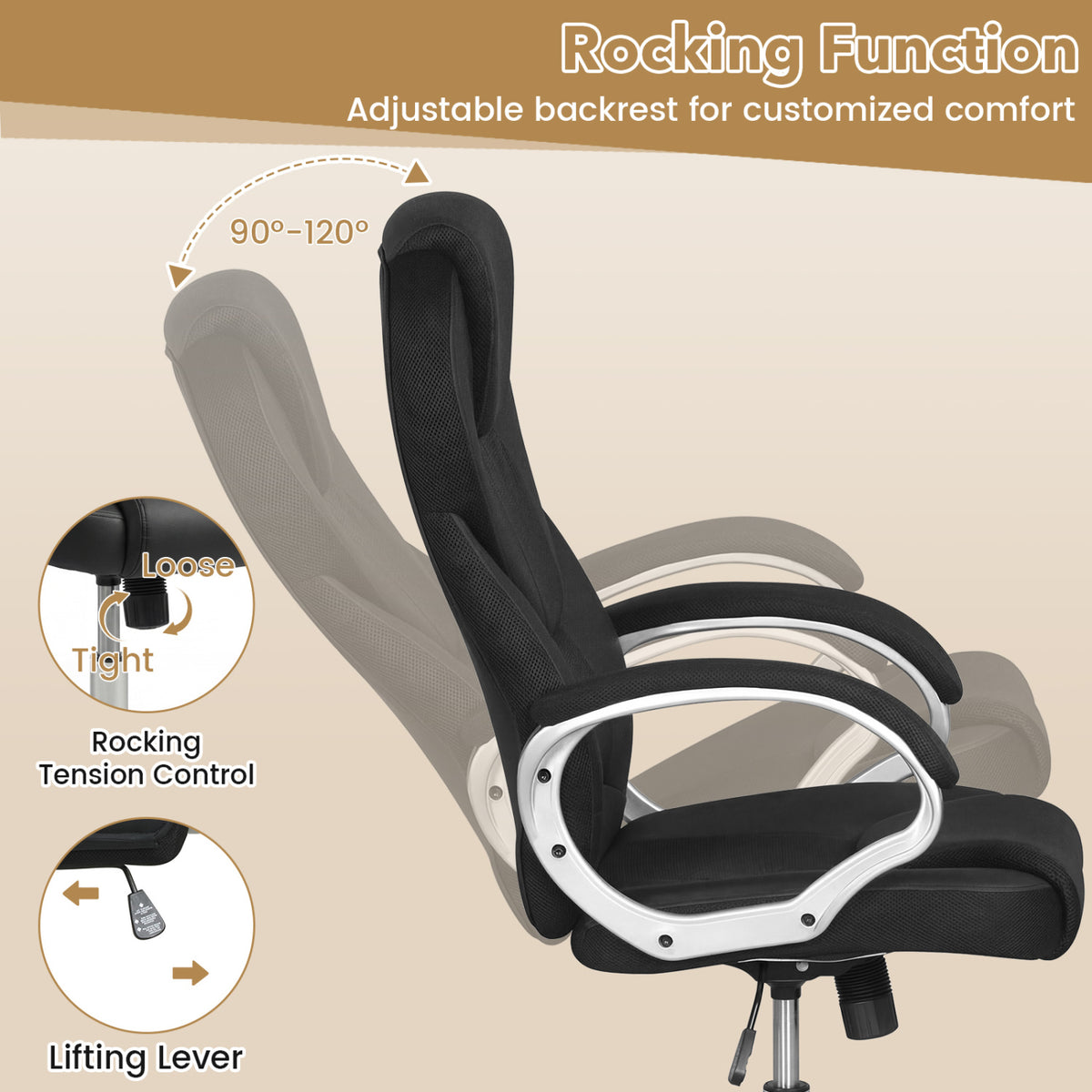 Leather Office Chair Ergonomic Mesh Executive Chair with Padded Armrests and Rocking Backrest-Black