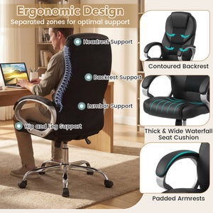 Leather Office Chair Ergonomic Mesh Executive Chair with Padded Armrests and Rocking Backrest-Black