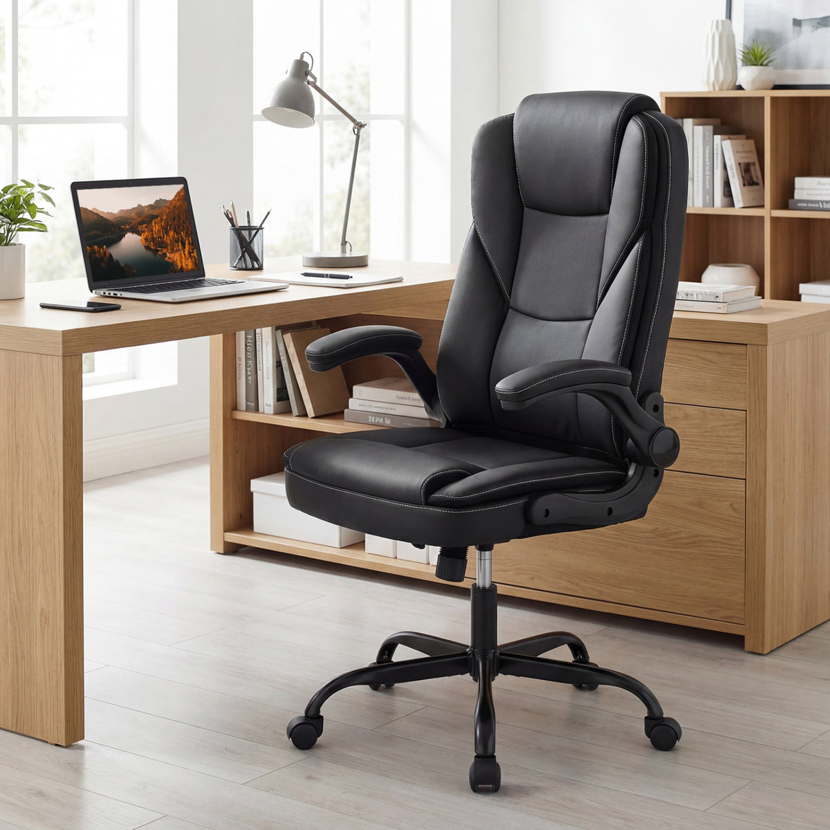 Leather Office Chair Ergonomic Computer Desk Chair with Flip-up Armrests Rocking Function-Black