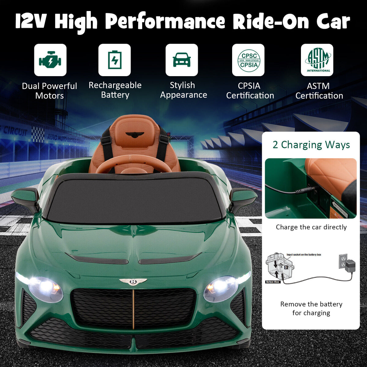 12V Powered Car Kids Ride-on Racer Car Licensed Bentley Bacalar-Green